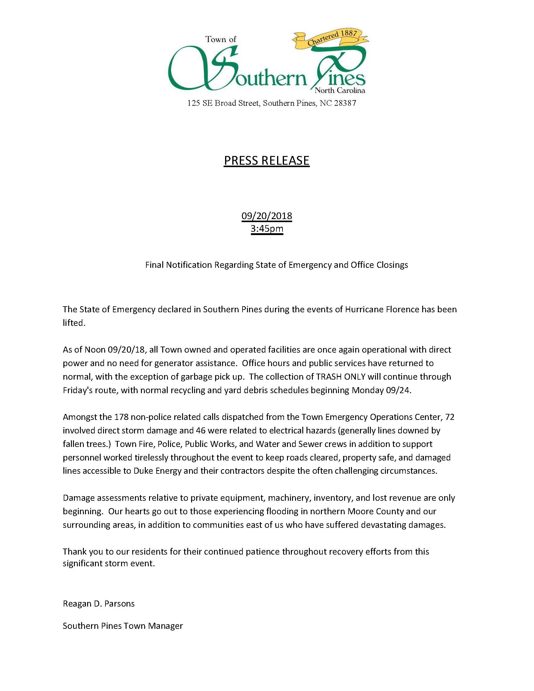 Press Release Hurricane Florence 09 20 18